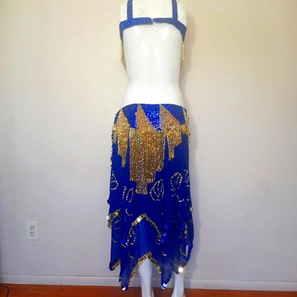 Belly Dancer Ornate Beaded Blue Gold Two Piece Bra Sheer Layered Tiered Skirt - Picture 6 of 13
